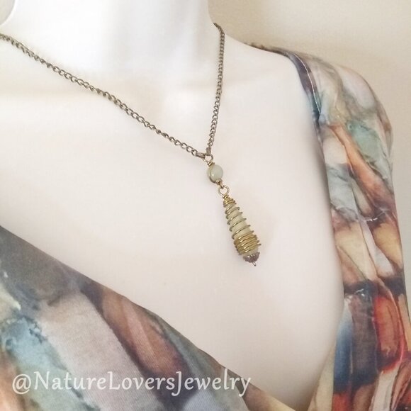 Sage Green Agate Drop Pendant + Bronze Necklace ~ Country Core Bohemian Casual - Picture 1 of 8